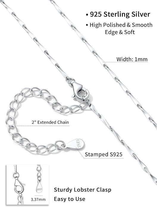 SILVERCUTE 925 Sterling Silver Necklace for Women,1mm/1.3mm/1.5mm/1.6mm Thin Silver Cable Chain/Box Chain/Rope Chain Necklace with Extension Chain,18/20/22/24/26/28/30 Inch