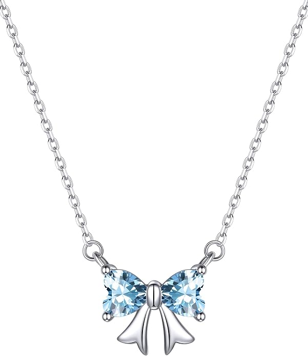 ChicSilver Bow and Cat Birthstone Necklace, 925 Sterling Silver Pendant Necklaces for Women, Hypoallergenic Silver Choker with 16 inch Rolo Chain, 12 Months Jewelry for Valentines Mothers Day Christmas