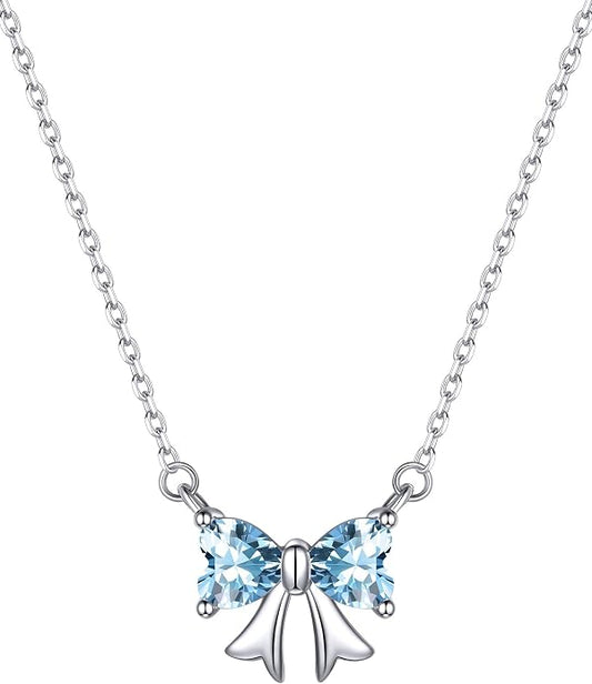 ChicSilver Bow and Cat Birthstone Necklace, 925 Sterling Silver Pendant Necklaces for Women, Hypoallergenic Silver Choker with 16 inch Rolo Chain, 12 Months Jewelry for Valentines Mothers Day Christmas