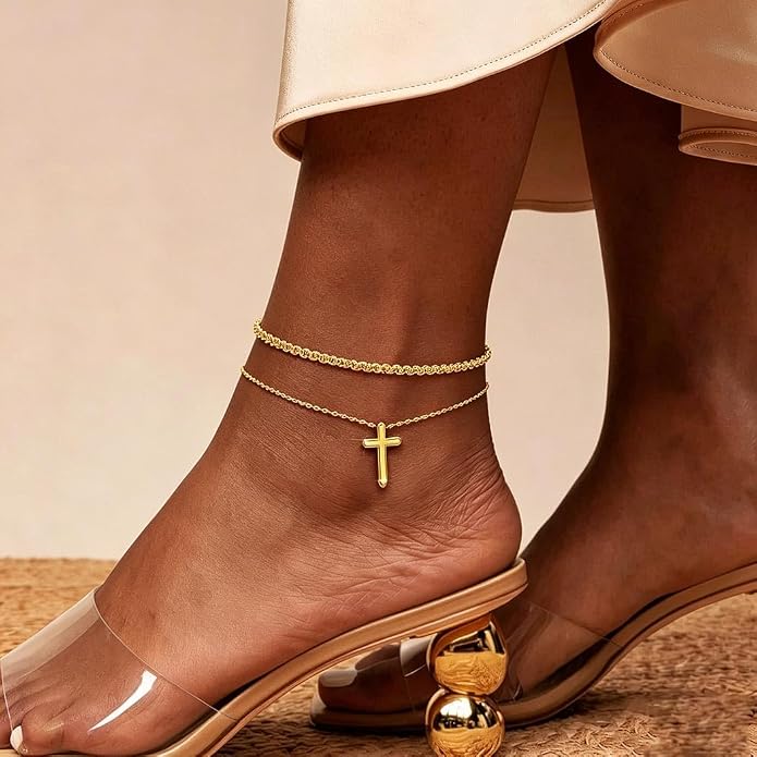 Yalice 925 Sterling Silver Ankle Bracelets for Women Dainty 14K Gold Plated Anklets Set Shiny Waterproof Ankle Chain Cross Beach Foot Jewelry Gifts