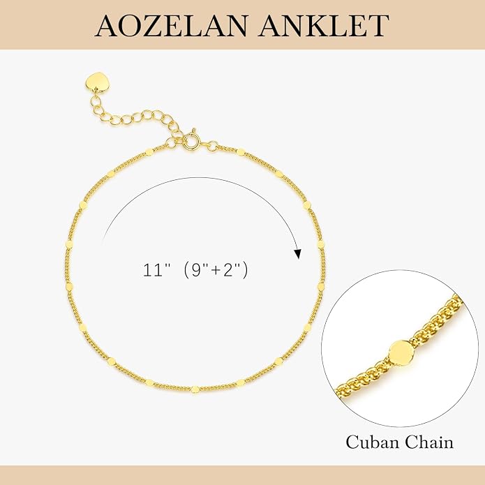 14K Gold Anklets for Women Gold Ankle Bracelets for Women Cuban Chain with Spaced Tiny Disc 11(9+2) Inches