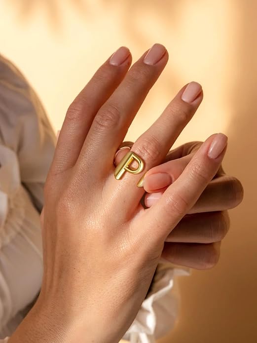 Suplight Nikel Free 18K Gold Plated Letter Rings, Fashion Monogram Jewelry Statement A-Z Wide Name Initial Alphabet Adjustable Open Ring for Women
