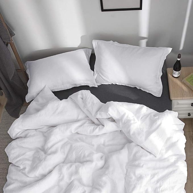 Simple&Opulence 100% Linen Duvet Cover Set 3pcs Basic Style Natural French Washed Flax Solid Color Soft Breathable Farmhouse Bedding with Button Closure - White, King