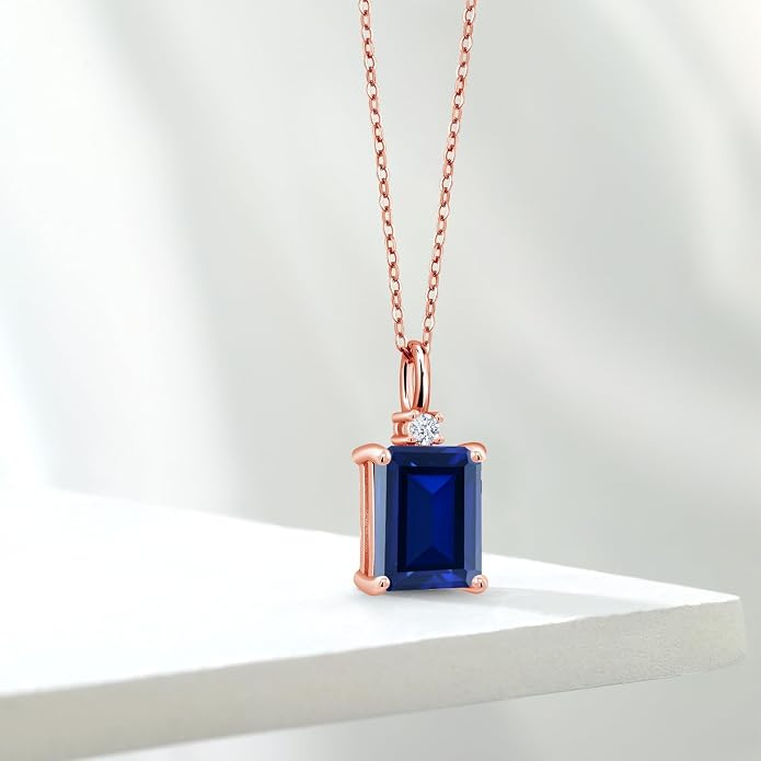 Gem Stone King 925 Sterling Silver Gemstone Birthstone Pendant Necklace for Women | Emerald Cut 10X8MM and Round 2MM | With 18 Inch Chain | Fine Jewelry for Her Mom Wife