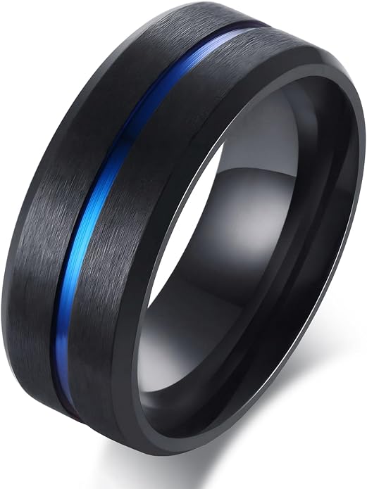 MMTTAO Men's Titanium Ring Wedding Bands for Men Women 6MM 8MM 10MM Black/Blue/Silver Engagement Band Wedding Rings Beveled Edge Brushed Matte Finished & Polished Grooved Center Comfort Fit Size 6-13