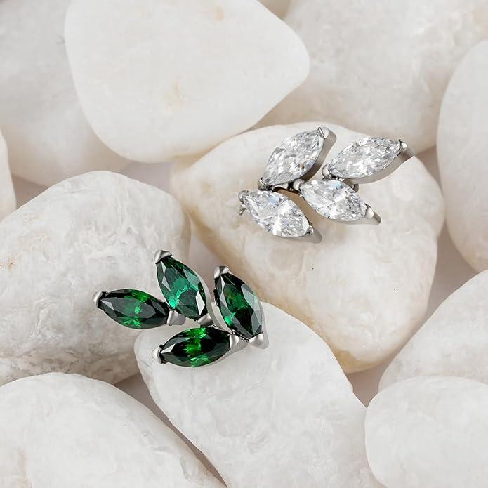 FINE4U 1PC Leaf Flat Back Stud Flat, Helix, Conch, Tragus 6mm 8mm - ASTM F136 Titanium Screw on Body Piercing Jewelry
