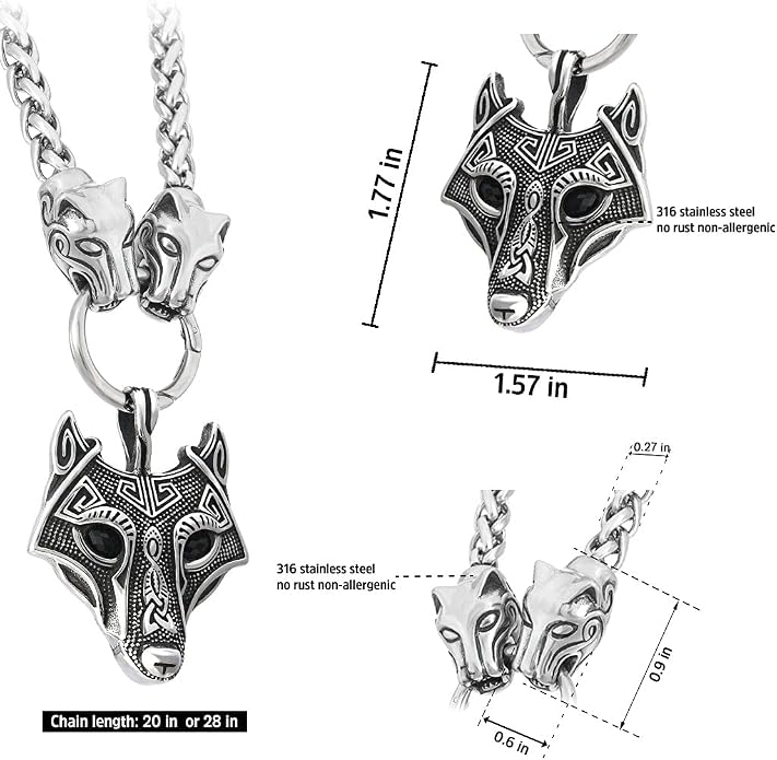 BAVIPOWER Viking Amulet Pendant with Big Wolf Head Chain Necklace 316L Stainless Steel Norse Scandinavian Necklace Authentic Viking