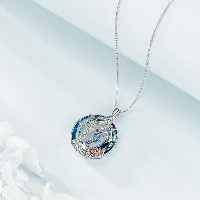 TOUPOP Sterling Silver Tree of Life Hummingbird/Dragonfly/Owl/Panda Necklace Crystal Bird Jewelry Birthday Christmas Valentines Day Gifts for Her Girlfriend Mom