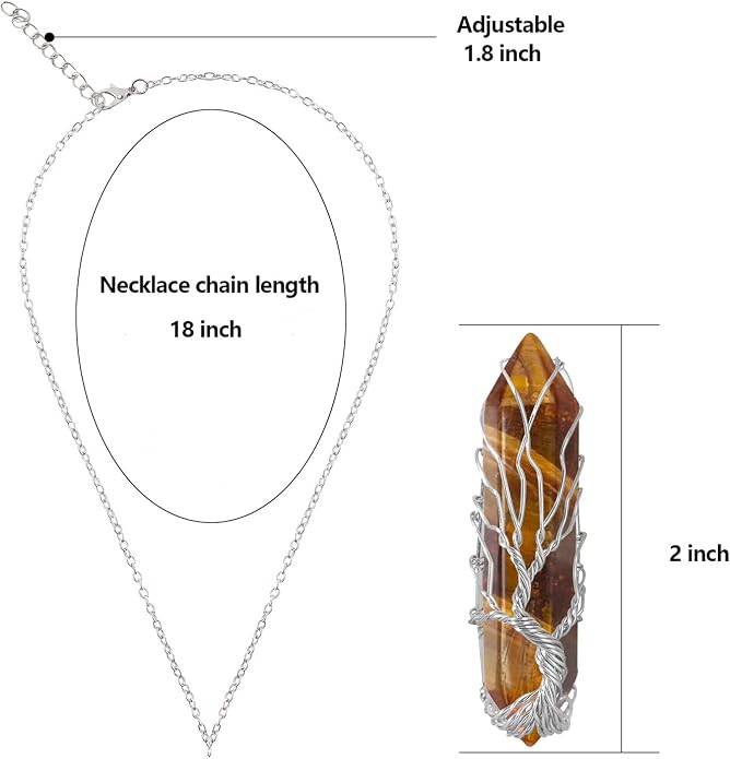 VIBILIA Healing Crystal Necklace Tree of Life Wire Wrapped Natural Stone Point Pendant Necklace Hexagonal Reiki Spiritual Quartz Gemstone Jewelry for Women Men