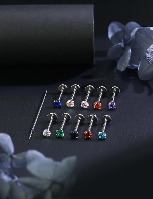 20G 18G 16G Astm F136 Titanium Threadless Flat Back Earrings Nose Studs Tragus Helix Conch Cartilage Lobe Earrings Medusa Labret Snake Bite Monroe Lip Ring Piercing Jewelry For Women Men
