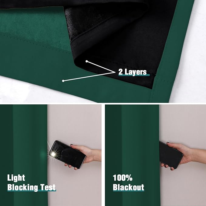 ChrisDowa 100% Blackout Curtains for Bedroom 45 Inches Long 2 Panels Set | 2 Thick Layers, Thermal Insulated, Light Blocking, Grommet, Window Treatment, Living Room Drapes, Forest Green, 42 x 45 Inch