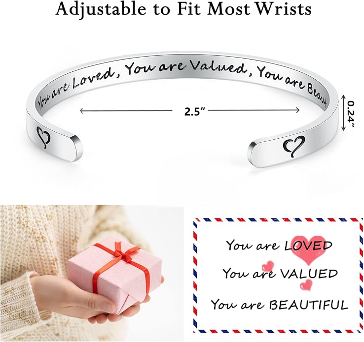 TONY & SANDY Inspirational Bracelets for Women Teen Girls Personalized Gifts for Daughter Granddaughter Mom Sister Friends Stainless Steel Engraved Cuff Birthday Easter Christmas