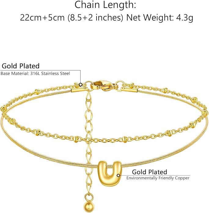 ChainsProMax Initial Ankle Bracelets for Women, Waterproof Anklets Bracelet Adjustable Summer Beach Women Foot Jewelry, Stainless Steel/Gold Plated-Send Gift Box/Letter A-Z