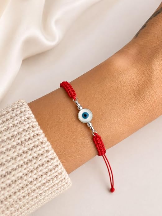 Evil Eye Bracelet for Men Women, Sterling Silver Protection Bracelet, Adjustable Black or Red Woven Cord Bracelet, Good Luck Jewelry Gift