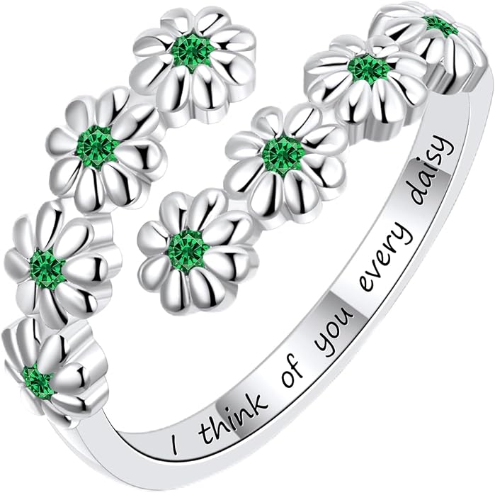 Dainty Daisy Ring for Women, S925 Sterling Silver Cubic Zirconia Sunflower Flower Ring For Daughter, I Think Of You Every Daisy Ring, Birthstone Flower Ring