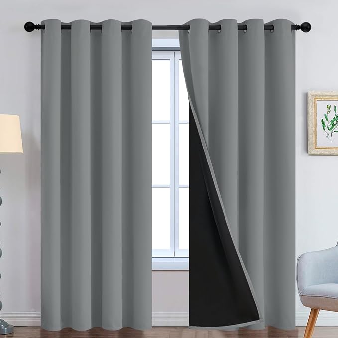 Yakamok Dove Grey 100% Blackout Curtains 96 Inches Long 52" Wide 2 Panel | Blackout Curtain Panels for Bedroom, 2 Thick Layers Grommet Top Thermal Insulated Drapes with Black Liner for Living Room