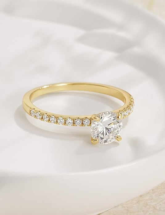 EAMTI 925 Sterling Silver 1.2 CT Round Solitaire Cubic Zirconia Engagement Ring Halo Promise Ring Size 3-13