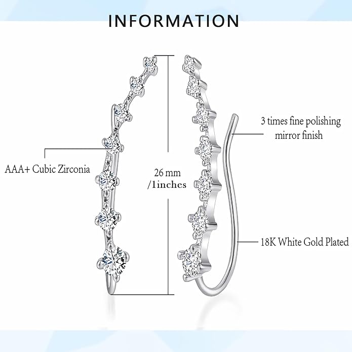 Climber Earrings for Women Ear Crawler Earrings Rose/White/Yellow Gold Plated Cubic Zirconia Birthstone Earring Gifts for Women