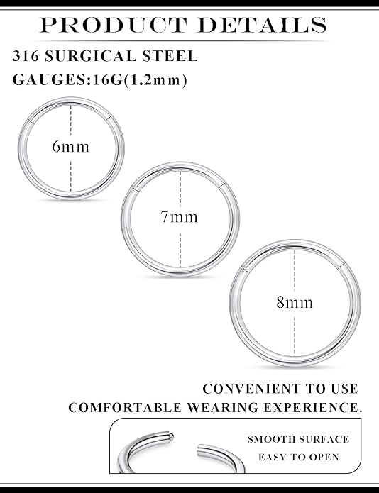 20G 18G 16G 14G 12G 10G 8G 6G 4G 2G Nose Rings Hoops 316l Surgical Steel Clicker Septum Lip Ring Tragus Helix Daith Rook Conch Snug Cartilage Lobe Earrings Hoop Piercing Jewelry For Women Men
