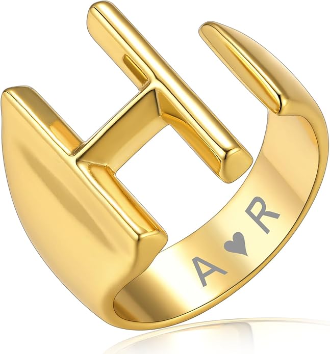 KeyStyle Bold Initial Letter Rings Adjustable, GoldChic Jewelry Women Gold Statement Ring Personalized Engraved Women’s Open Signet Ring for Party (Gold, White Gold, Black)