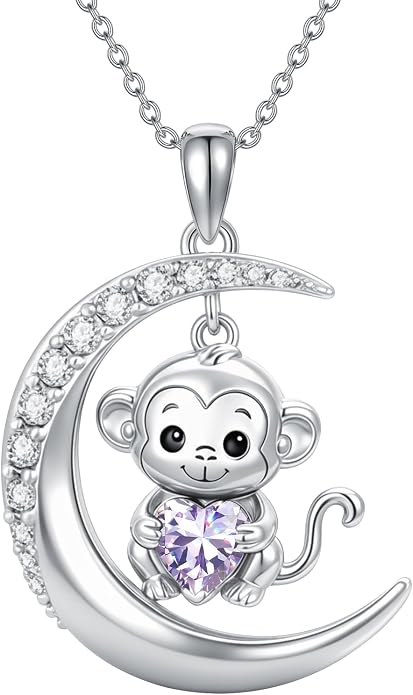 PROESS Animal Birthstone Necklace 925 Sterling Silver Otter/Axolotl/Hippo/Elephant/Dachshund/Monkey/Red Panda Pendant Necklace Animal Birthstone Jewelry Gifts for Women