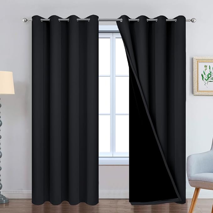 Yakamok Black 100% Blackout Curtains 90 Inches Long for Bedroom 52" Wide | Blackout Curtain Panels for Bedroom, 2 Thick Layers Grommet Top Thermal Insulated Drapes with Black Liner for Living Room