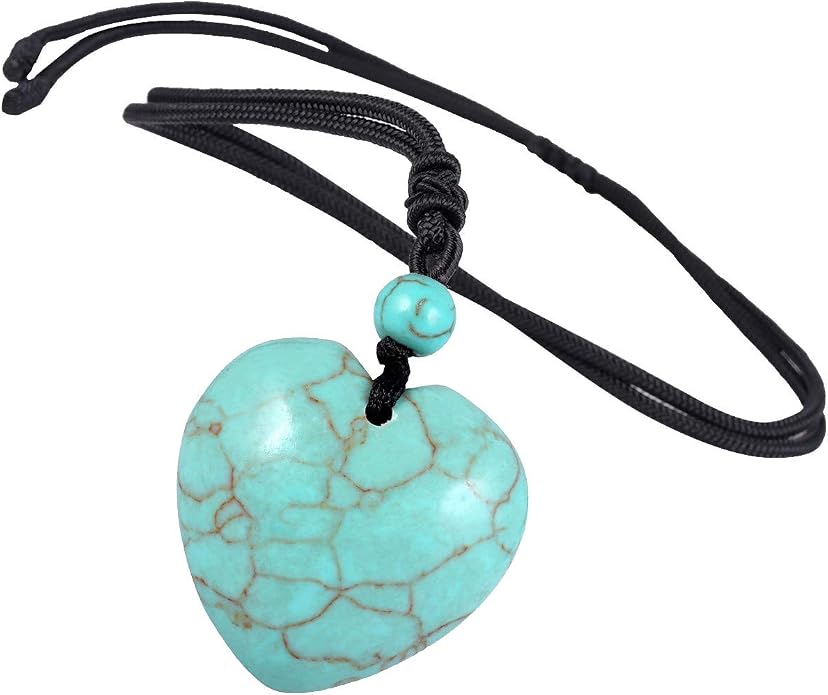 TUMBEELLUWA Carved Stone Heart Shape Necklace Chakra Quartz Pendant with Cord Amulet Healing Crystal Jewelry for Unisex