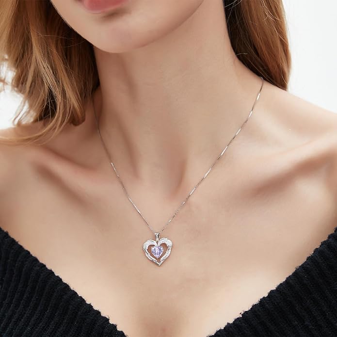 Heart Necklaces for Women Mother's day Gifts, Birthstone 925 Sterling Silver Angel Wings Love Pendant Necklaces for Women, Jewelry Gifts for Wife, Anniversary, Birthday