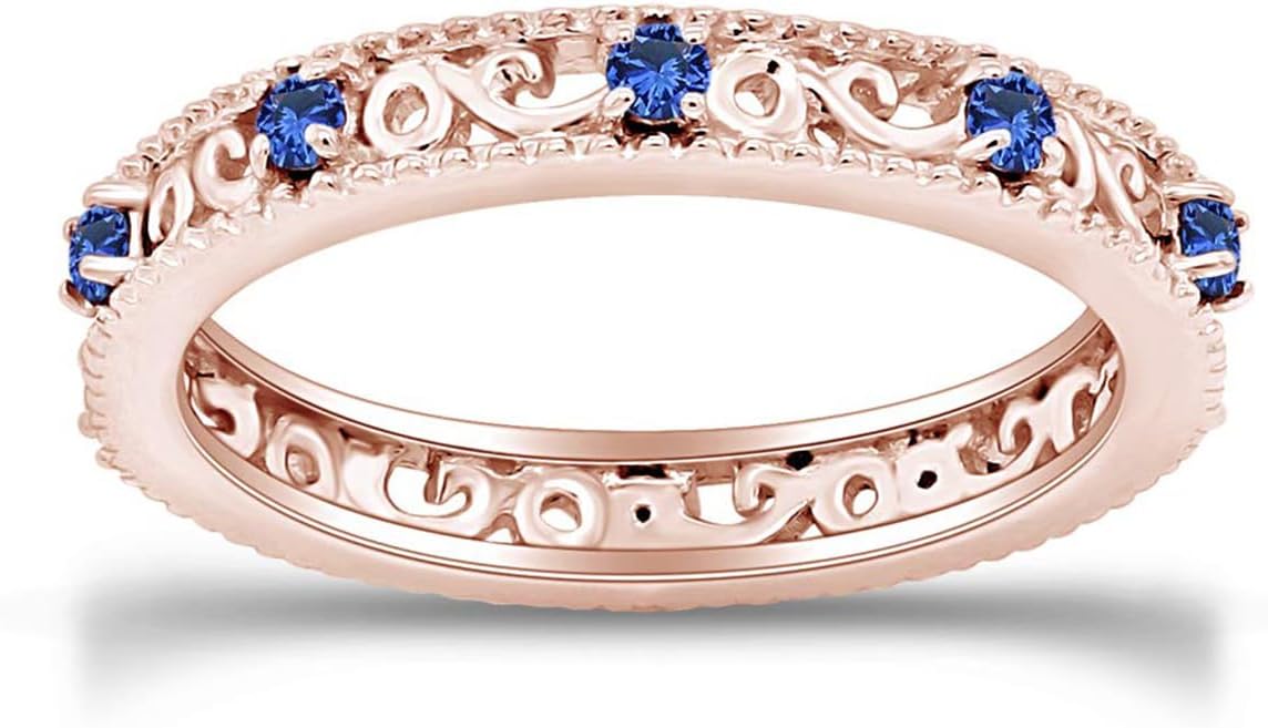 Jewel Zone US Filigree Eternity Wedding Band Ring for Women, Round Cut Simulated Gemstone Stackable Promise Ring in 14K Gold Plated 925 Sterling Silver Band Width 3.5mm – Elegant Jewelry for Her