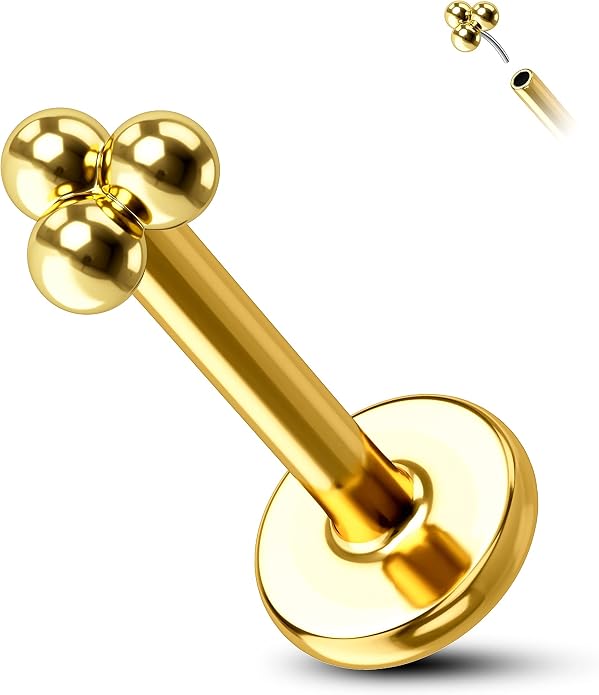 Cocharm 14K Gold Triple Ball Threadless Tragus Earrings 16g Push in Flat Back Helix Piercing