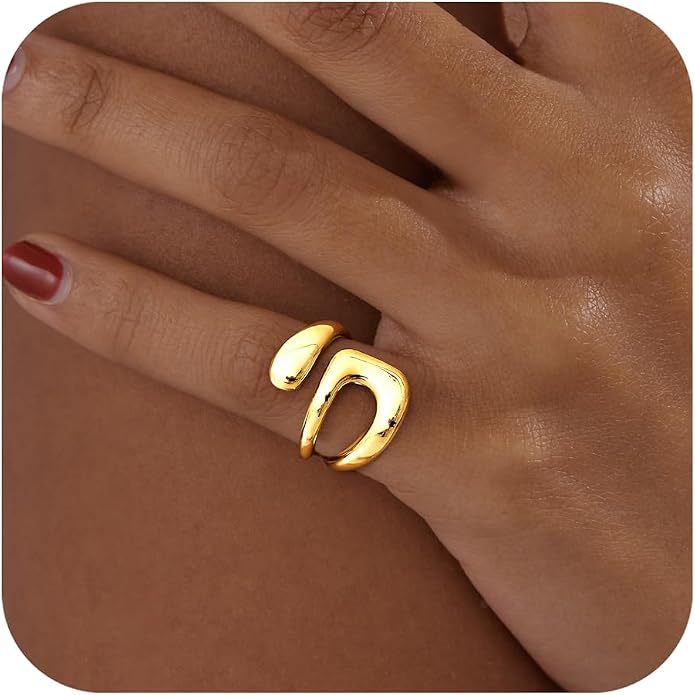 Gelbesty Waterproof Gold Statement Rings for Women, 14K Gold Plated Chunky Open Stackable Rings Non Tarnish Fashion Adjustable Stainless Steel Pinky Knuckle Signet Vintage Ring Jewelry Size 5-11
