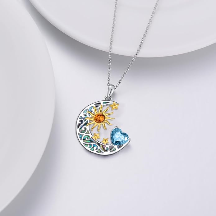AOBOCO 925 Sterling Silver Sun and Moon Star Pendant Necklace with Simulated Birthstone, Birthday Christmas Jewelry Gift for Women Teen Girls