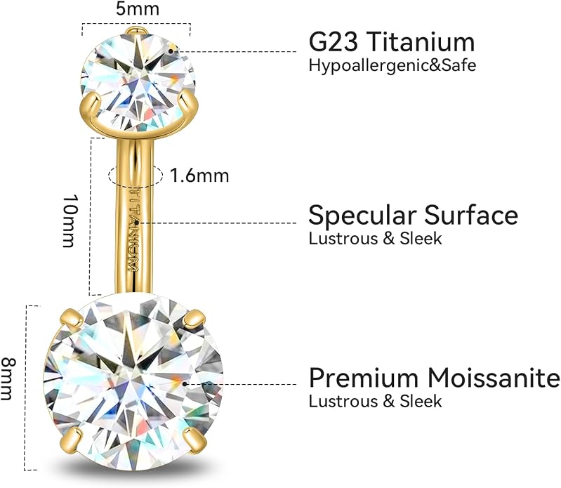 limerencia Moissanite Belly Button Ring, G23 Titanium Hypoallergenic Internally Threaded Navel Jewelry, Curved Dangle Belly Ring Piercing Jewelry for Women, Men