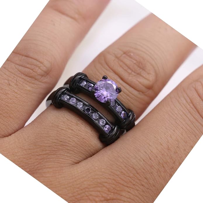 3pcs Matching Rings His and Hers Ring Couple Rings Pruple Cz Womens Wedding Ring Sets Wedding Bands