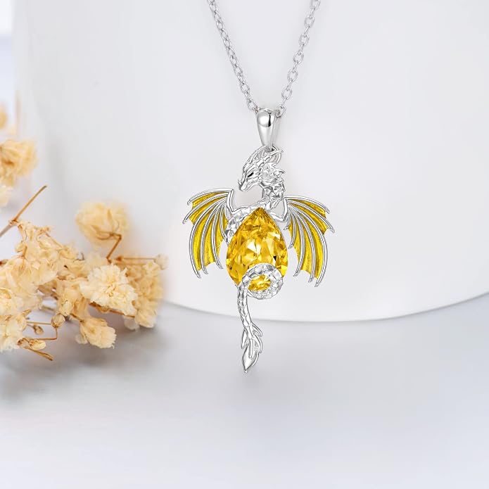 Dragon Necklace for Men Sterling Silver Birthstone Wyvern Necklace Embllished with Teardrop Shaped Crystal Jewelry for Women