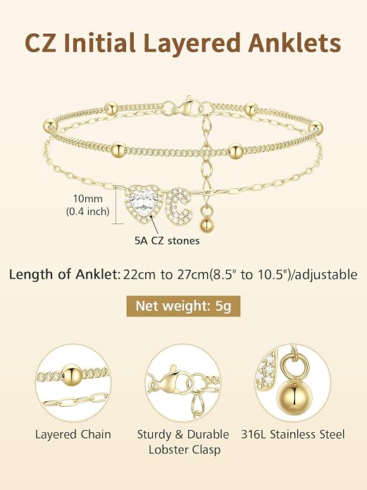 FindChic Silver/14K Gold Plated Layered CZ Initial Ankle Bracelet for Women | Waterproof Stainless Steel, Cubic Zirconia Letter Charm, Non-Tarnish, Hypoallergenic, Adjustable Extender, Summer Jewelry