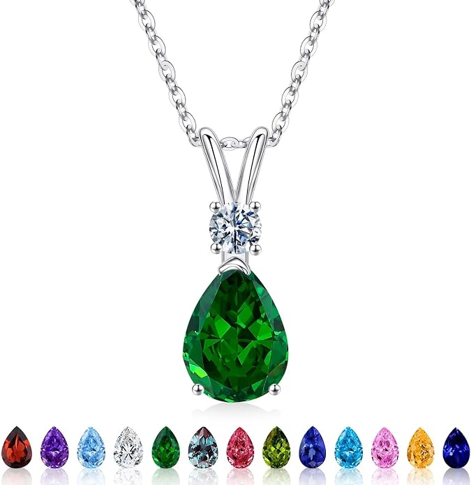 Iefil 925 Sterling Silver Birthstone Necklaces for Women - Teardrop Birthstone Jewelry, Anniversary Birthday Gifts for Women Wife Her