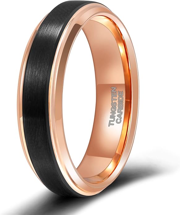 TRUMIUM 6mm 8mm Tungsten Rings for Men Women Black Wedding Band 24K Gold Plated/Rose Gold Plated Step Edges Comfort Fit Size 6-13