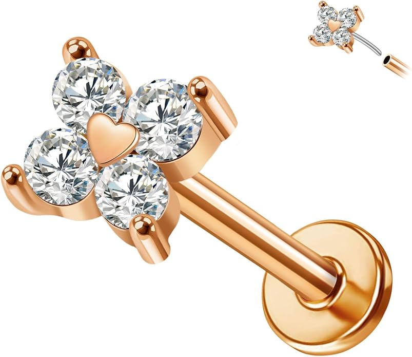 14K Yellow/White/Rose Gold Cartilage Earring Top Push in 1 Pcs Threadless Flower Flat Back Stud Nose Stud Lip Ring 16G Helix Tragus Piercing Jewelry for Women 6mm 8mm