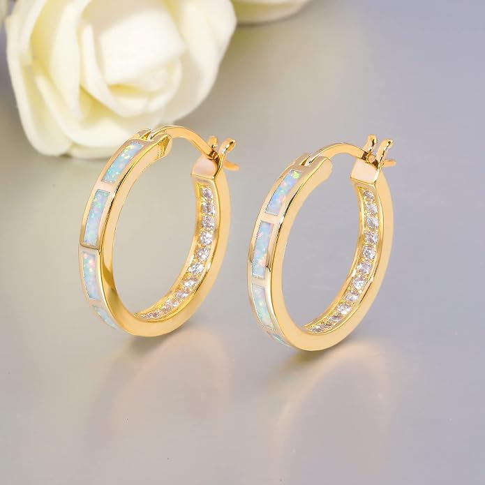 CiNily Sterling Silver/Rose Gold/Yellow Gold Plated Hoop Earrings 20mm,Multicolor Opal Small Hoop Earrings for Women Girls Hypoallergenic Jewelry for Sensitive Ears Gemstone Earrings