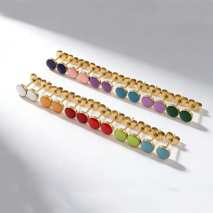 JMLOON 12 Pairs Enamel Flat Back Stud Earrings Surgical Stainless Steel Round Heart Star Square Hexagon Screw Back Stud Earrings