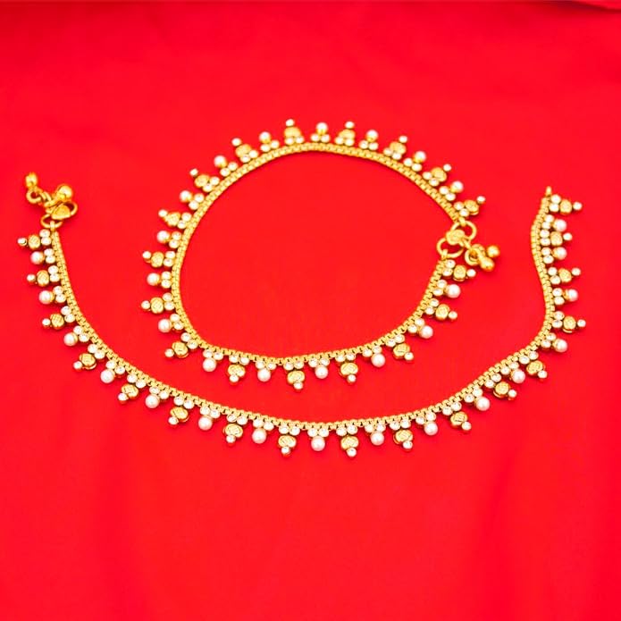 Duel On Jewel Gold Payal Set for Women, Indian Paayal Jhanjar Chain Anklets with Bell Detail, Foot Jewelry Pair, 10 Inch Comfort Fit, Traditional & Dainty Styles for Wedding Beach Everyday Gift
