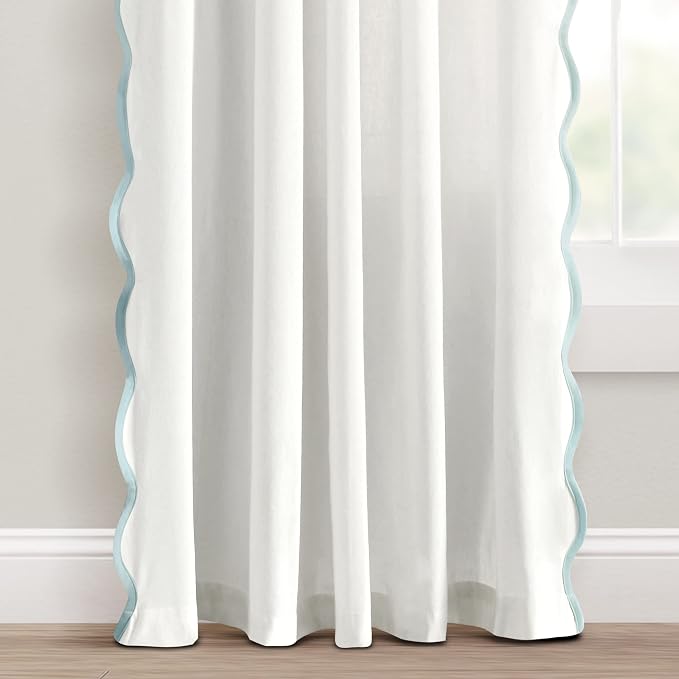 Lush Decor Coastal Chic Scalloped Edge Light Filtering Window Curtain Panels Pair, 52" W x 84" L, Blue & White - White Curtains for Living Room - Coastal Decor