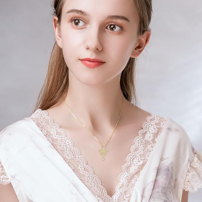 925 Sterling Silver Butterfly/Crescent/Witches Knot/Fleur-De-Lis/Thorny Crown Pendant Necklace Gold Plated Gemstone Birthday Gift for Wife Girlfriend Mom Daughter