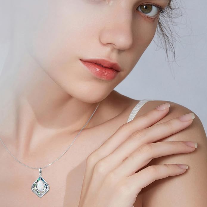 HPQQ Filigree Gemstone Necklace 925 Sterling Silver Teardrop Bohemian Necklace Abalone Shell Jewelry Birthday Gifts for Women