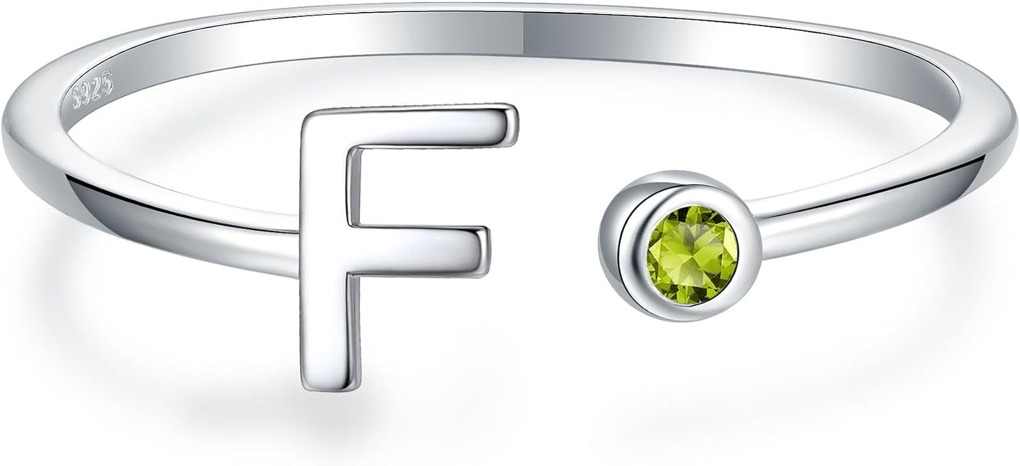 925 Sterling Silver Initial Letter Birthstone Rings for Women Adjustable 1-12 Month Birthstone Alphabet Stacking Ring for Teens Girls Stackable Birthstone Rings Birthday Jewelry Gift for Daughter Mom