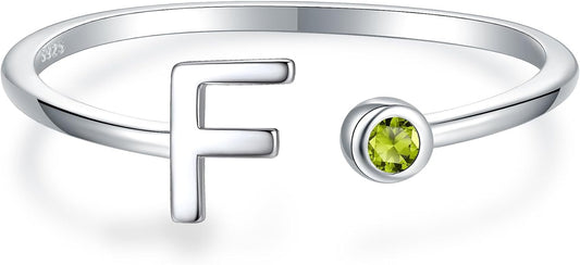 925 Sterling Silver Initial Letter Birthstone Rings for Women Adjustable 1-12 Month Birthstone Alphabet Stacking Ring for Teens Girls Stackable Birthstone Rings Birthday Jewelry Gift for Daughter Mom
