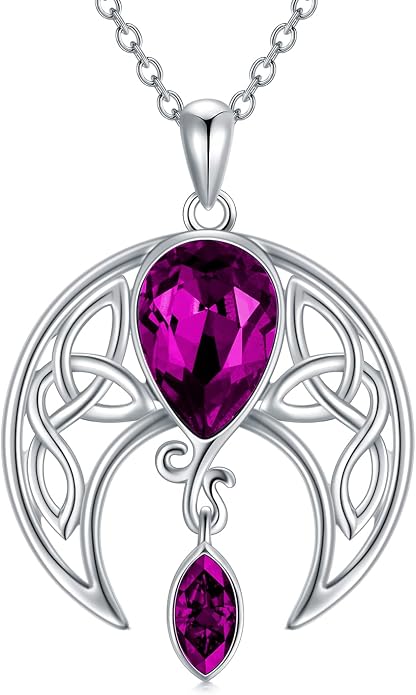 AOBOCO Sterling Silver Celtic Crescent Moon Goddess Pendant Irish Good Luck Necklace with Birthstone Crystal, Celtic Moon Jewelry Gift for Women Mom Wife
