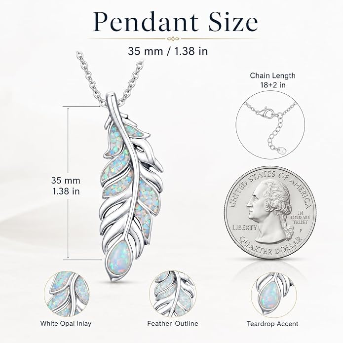 Feather Necklace White Gold Boho Jewelry Nature Inspired Statement Birthstone Pendant Gifts for Women