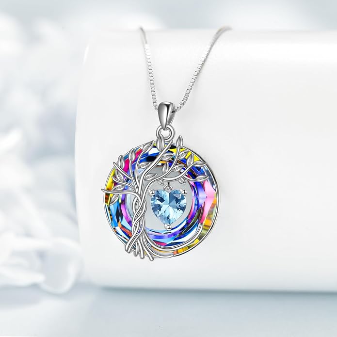 POPLYKE Mothers Day Gifts for Mom Her Wife Tree of Life Necklace 925 Sterling Silver Birthstone Pendant with Crystal Anniversary Birthday Wedding Jewelry for Women